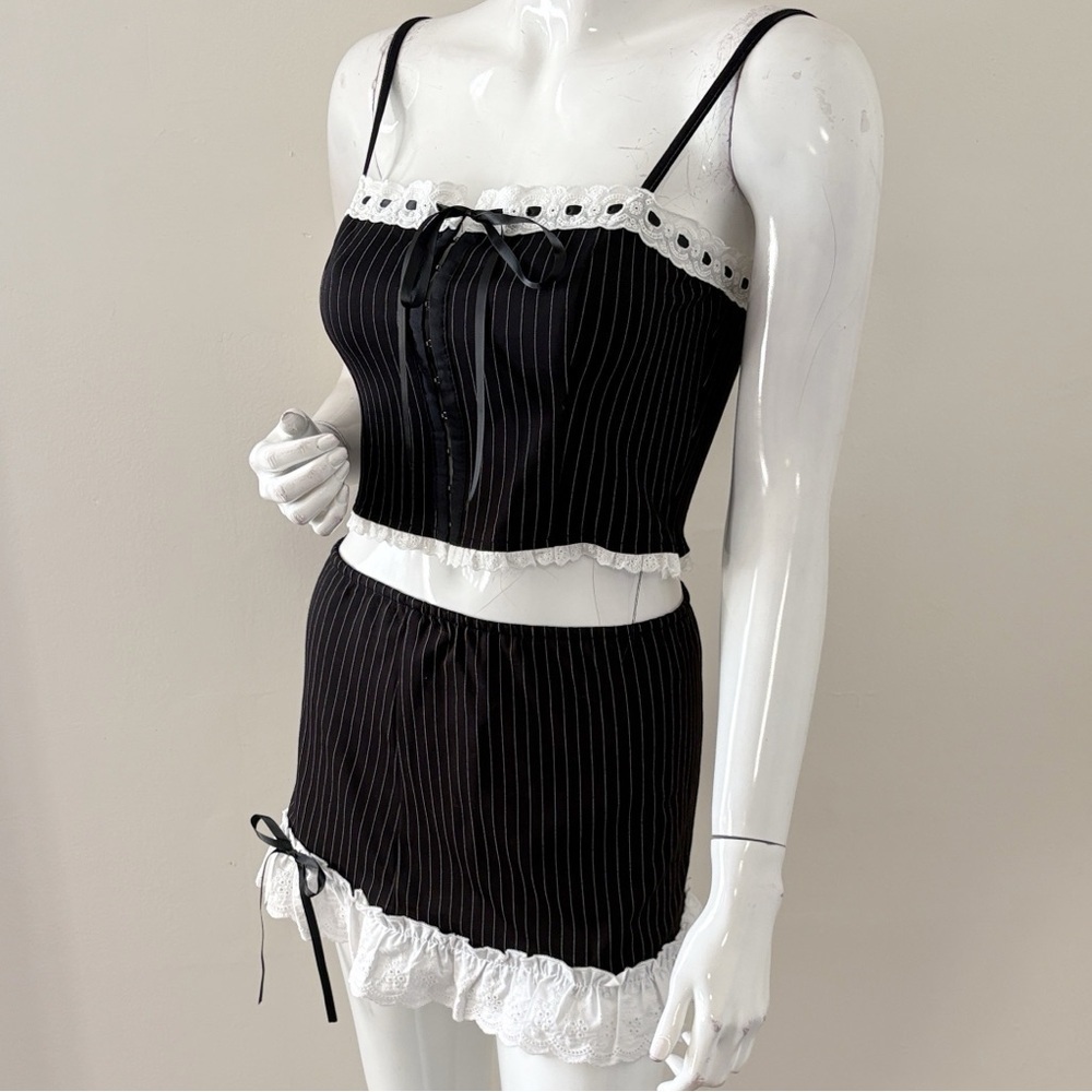NWOT Delias by Dolls Kill Mob Wife Black & White Striped Tank Top & Skirt Set - Picture 2 of 5